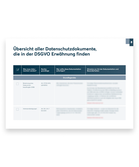 Übersicht aller Datenschutzdokumente aus der DSGVO