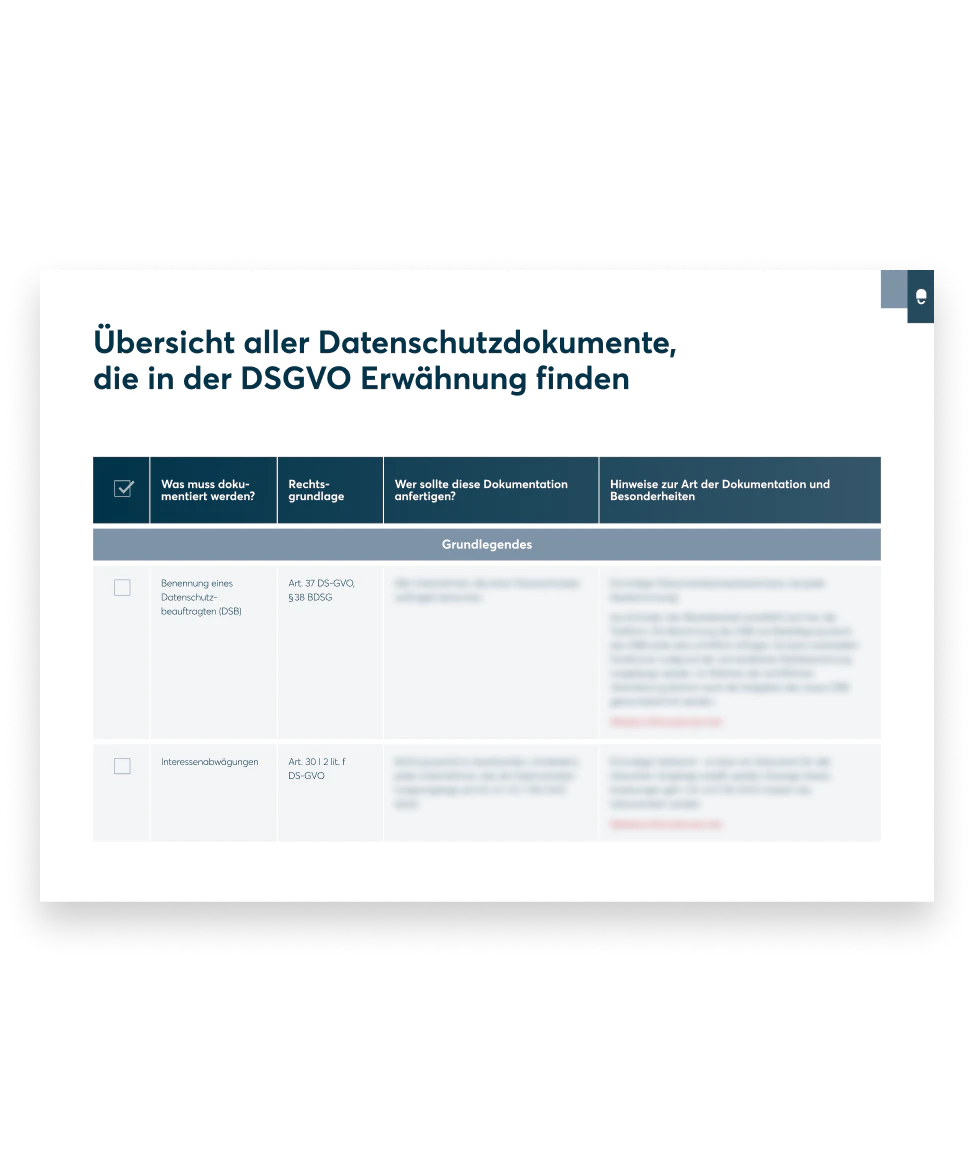 Übersicht aller Datenschutzdokumente aus der DSGVO